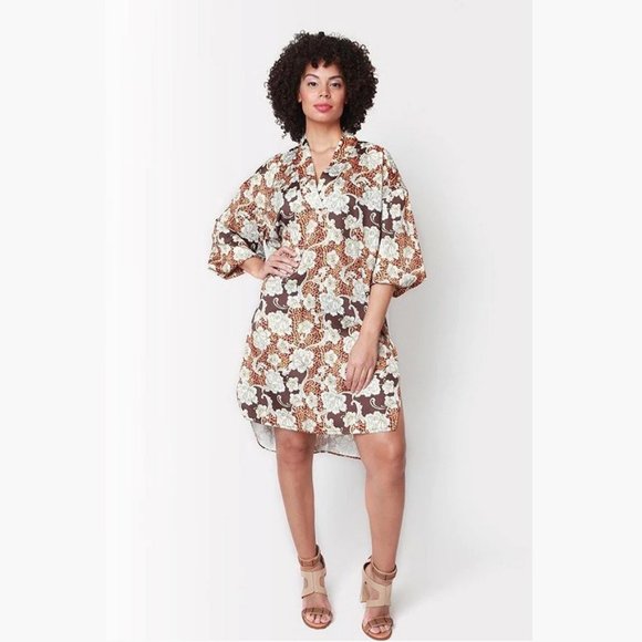 NWT Shegul Golden Animal Print Floral Boho Oversized High Low Emmy Shift Dress - Picture 1 of 14